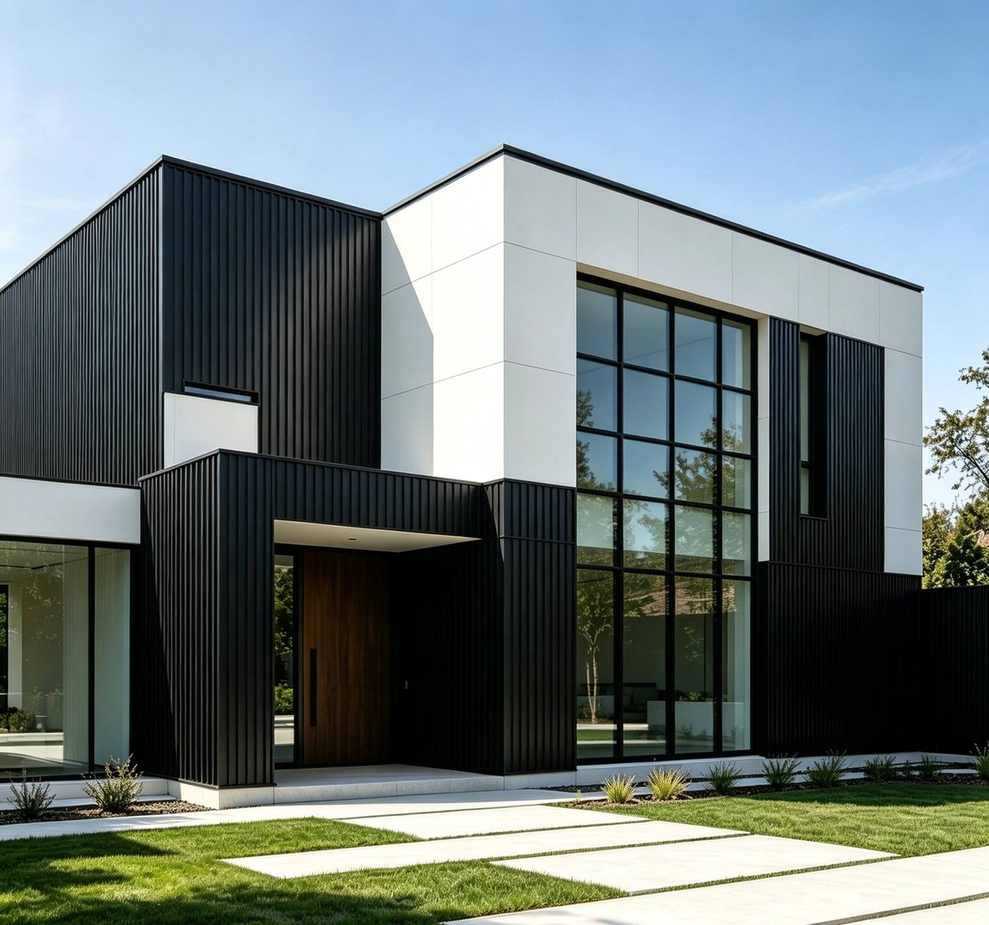 Dark castellated cladding on a modern villa envelope