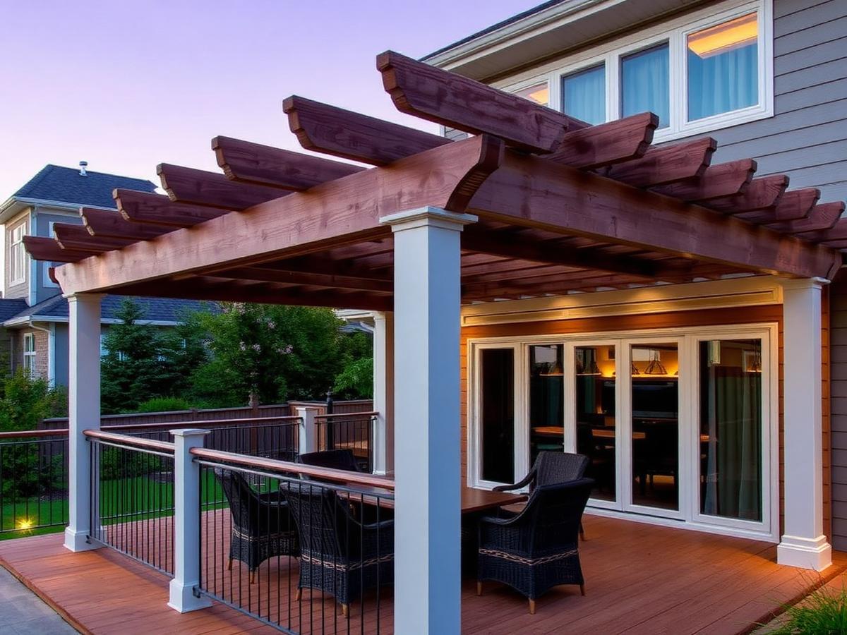 Completed outdoor living structure at dusk